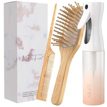 Water Mister Spray Bottle for hair - 3pc set w/bamboo brush, rat tail combs &amp; Continuous spray bottle for hair   Natural Bamboo hair brush &amp; Wooden Comb w/fine misting spray bottles (Rose Gold)