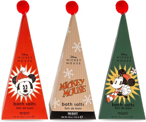 MAD BEAUTY Disney Mickey Mouse Bath Salts Trio, Frosted Berries, Toasted Marshmallow &amp; Christmas Icing Fragranced, Gift Wrapped, 3-Pack