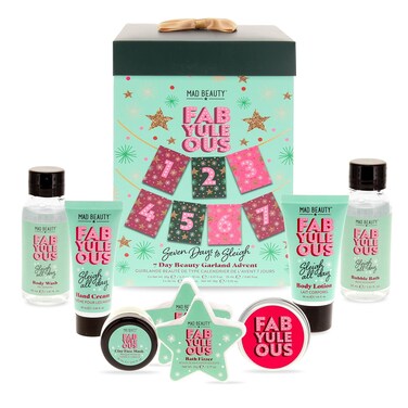 MAD BEAUTY FabYuleOus 7 Day Beauty Garland Advent Calendar, 7 Days of Bath &amp; Body Goodies, Body Wash, Lotion, Bath Salts &amp; Fizzers, Lip Balm