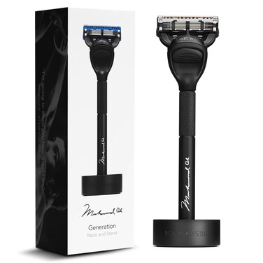 Bolin Webb Generation Razor and Stand in Blue. Fitted with Gillette Fusion5 Blade. Luxury Razor for Men. (Black-Ali)