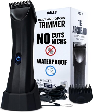 BALLS V3 The Archibald - Body &amp; Pubic Hair Trimmer for Men - No Cuts, Sacksafe Guard, 100% Waterproof, Cordless - Wet/Dry Trimmer Men with Replaceable Ceramic Blades Archibald Trimmer
