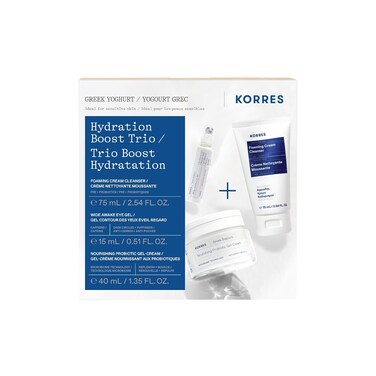 KORRES   Greek Yoghurt Hydration Boost Trio set   Foaming Cream Cleanser, Eye Gel &amp; Gel-cream