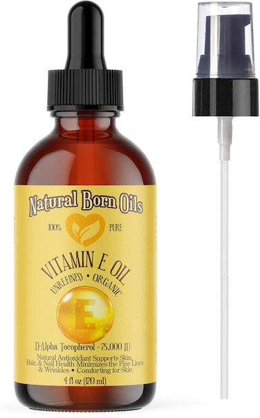 SALE! 4oz Vitamin E Oil, 100% Pure and Natural, D-Alpha Tocopherol, 75,000 I.U., Organic Antioxidant for Skin and Hair - Includes Pump &amp; Dropper