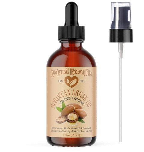 Natural Born Oils Moroccan Argan Oil. 4oz. 100% Pure and Natural, Cold-pressed, Organic. Natural Moisturizer for Your Skin and Hair