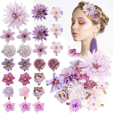 24 PCS Flower Hair Clips - Rose Hair Pins Floral Brooches Bridal Headpieces for Women Girls Wedding Christmas New Year Birthday Boho Parties Halloween Anniversary(Purple)