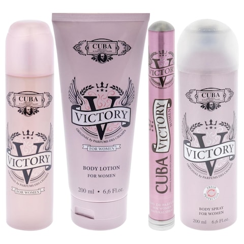 Cuba Victory for Women - 4 Pc Gift Set 3.3oz EDP Spray, 1.17oz EDP Spray, 6.6oz Body Spray, 6.6oz Body Lotion