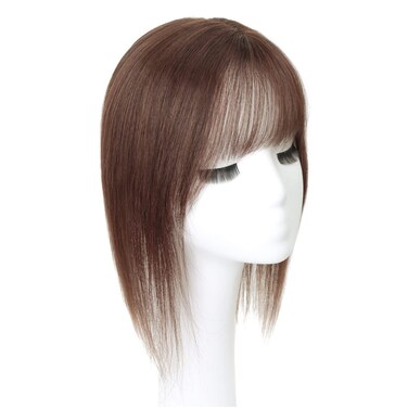 Middle Part Silk Part Base Human Hair Topper 7x10cm Forehead Straight Clip in Hairpiece with Wispy Fringe 30cm Light Brown