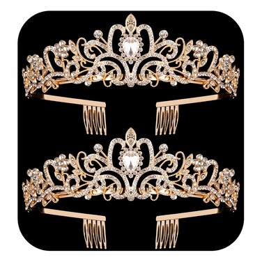 2 Pack Gold Crystal Crowns Tiara for Women, Girls Elegant Princess Rhinestone Crown with Combs, Bridal Wedding Headbands Prom Birthday Party Halloween Hair Accessories Jewelry Gifts for Women Girls