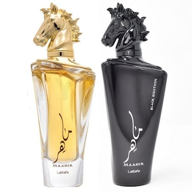 Lattafa Maahir 2-Piece Set for Unisex, (3.4 Oz Maahir Eau De Parfum Spray + 3.4 Oz Maahir Black Edition Eau De Parfum Spray)