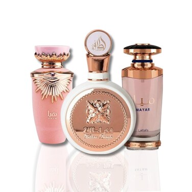 Lattafa 3-Piece Set for Women, (3.4 Haya Oz Eau De Parfum Spray + 3.4 Fakhar Oz Eau De Parfum Spray + 3.4 Mayar Oz Eau De Parfum Spray)