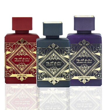 Lattafa Perfumes Bade'e Al Oud for Unisex 3 Piece Eau de Parfum Gift Set (Oud For Glory + Amethyst + Sublime) 3.4 Ounce/100 ml each