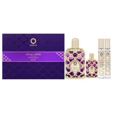 Velvet Gold by Orientica for Women - 4 Pc Gift Set 2.7oz EDP Spray, 2 x 0.33oz EDP Spray, 0.25oz EDP Spray