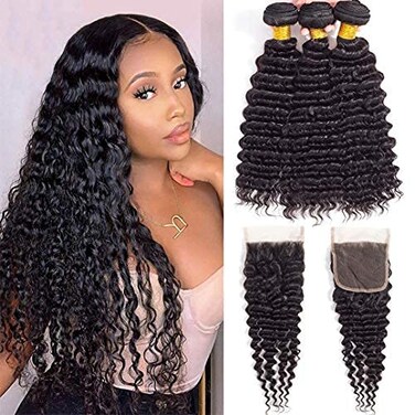 Deep Wave Bundles with Closure,3 Bundles with Closure 18 18 18+18 Three Part 100% Brazilian Virgin Human Hair Bundles Deep Curly Hair Extension No Shedding,Natural Color