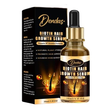 Dendas Biotin Hair Growth Serum - Anti-Hair Loss Essential Oil Treatment, Prevents Thinning, Repairs Dry &amp; Frizzy Hair, Promotes Fast Hair Growth, 1 fl oz (30ml) Unisex, Black/gold