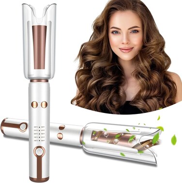 MHU Automatic Curling Iron, Auto Hair Curler with Large Rotating Barrel &amp; 5 Temps &amp; Timer, Anti-Scald &amp; Anti-Tangle with Auto Shut-Off, Automatic Hair Curlers for Hair Styling, White
