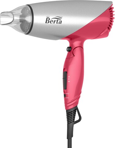 BERTA 1875Watts Folding Handle Hair Dryer Ceramic Negative Ionic Blow Dryer with Nozzle Compact for Children &amp; Traveling