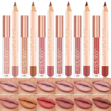 Lip Liner and Lipstick Set, 12 Pcs Long Lasting Nude Lip Liner Pencils with Matte Lipgloss, Waterproof Liquid Lip Sticks Make up Gift Set for Black Mature Women