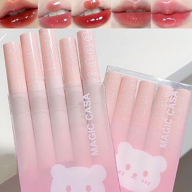 5Pcs Bear Lip Glaze Jelly Lipstick,Liquid Lipstick Cute Bear Lipgloss Moisturizing Lip Stain Plumping Water Mirror Lip Gloss Waterproof Long Lasting Lip Tint