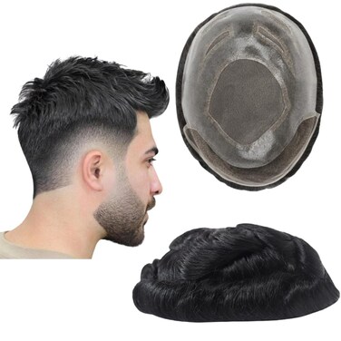 Toupee for Men Human Hair Wigs Mens Toupee European Virgin Human Hair Units Curly Wave Mens Wig Toupee Hair Real Human Replacement System for Man FPM Prosthesis Units Patch #1B Off Black (6x8")