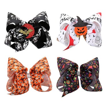 4 Pcs Large Halloween Hair Bows, 8 Inch Handmade Grosgrain Ribbon Alligator Clip Hair Accessories for Gift