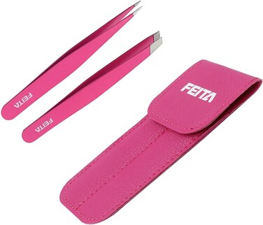 Precision Tweezers for Eyebrows - FEITA Professional Stainless Steel Slant &amp; Pointed Eyebrow Tweezer Set with Travel Case for Woman Facial Hair Removal Clip (Pink - 2 Pcs)