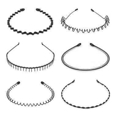 URAQT Metal Headbands, 6 Pcs Unisex Black Spring Wavy Hair Hoops for Sports Yoga - Non-Slip Outdoor Hairbands
