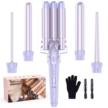 Waver Curling Iron Curling Wand - BESTOPE PRO 5 in 1 Curling Wand Set with 3 Barrel Hair Crimper for Women, Fast Heating Crimper Wand Curler in All Hair Type, Women Gifts - Purple