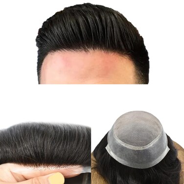 Toupee for Men Hair System Replacement Natural Black Mens Human Hair Piece Fine Mono Mens Toupee Clear Poly Skin Hairpiece Monofilament Wig 7"X9" #1B Off Black-120% Medium Light to Medium Density