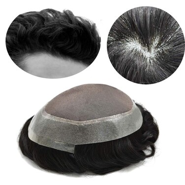 Toupee for Men Hair System Replacement Natural Black Mens Human Hair Piece Fine Mono Mens Toupee Clear Poly Skin Hairpiece Monofilament Wig 7"X10" #1B Off Black-120% Medium Light to Medium Density