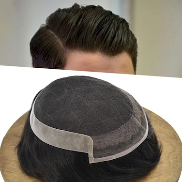 Toupee for Men Hair System Replacement Hairpiece French Lace Front Mens Toupee Poly PU Human Hair Piece Natural Hairline 6"X8" #1B Off Black-120% Medium Light to Medium Density