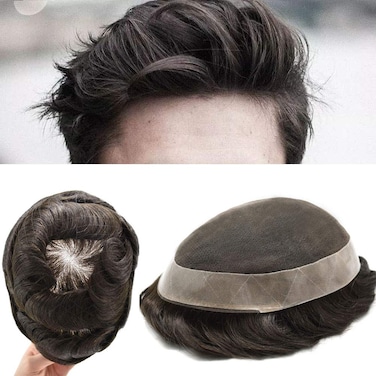 French Lace Hair System for Men Pu Around Mens Toupee Human Hair Toupee for Men Hairpiece 120% Medium Light to Medium Density #1B Off Black, 8X10