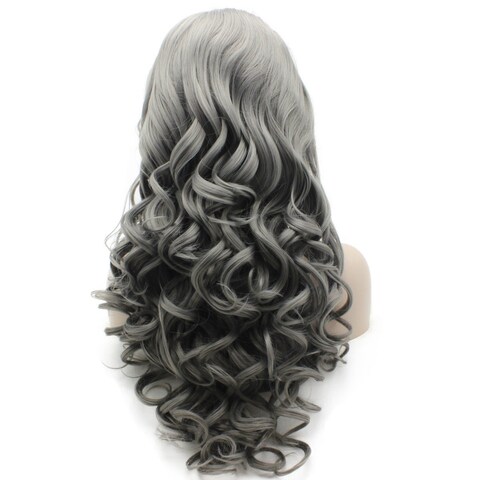 iwonawig Iewig Long Wavy Half Hand Tied Heat Friendly Wig Synthetic Lace Front Gray Wig