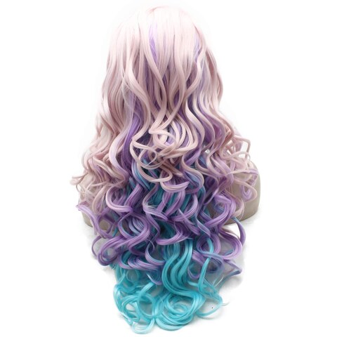 Iewig Long Wavy Swiss Heat Friendly Wig Natural Looking Synthetic Lace Front Pink Blue Purple Three Tone Wig