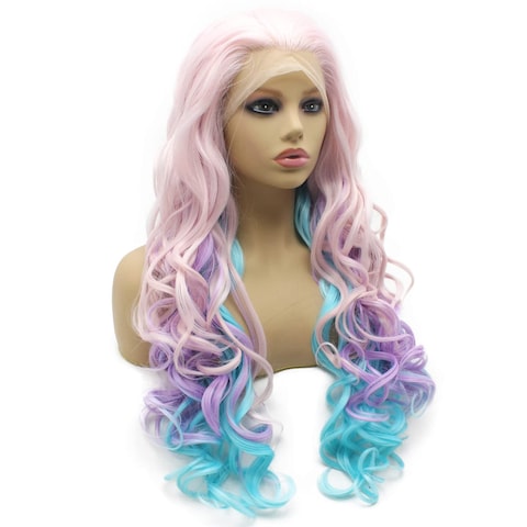 Iewig Long Wavy Swiss Heat Friendly Wig Natural Looking Synthetic Lace Front Pink Blue Purple Three Tone Wig