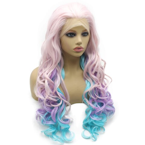 Iewig Long Wavy Swiss Heat Friendly Wig Natural Looking Synthetic Lace Front Pink Blue Purple Three Tone Wig
