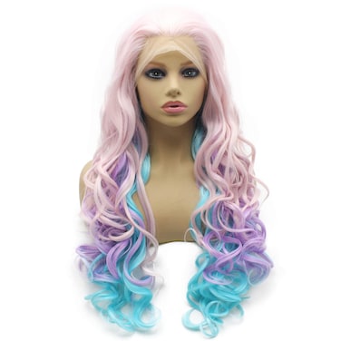 Iewig Long Wavy Swiss Heat Friendly Wig Natural Looking Synthetic Lace Front Pink Blue Purple Three Tone Wig