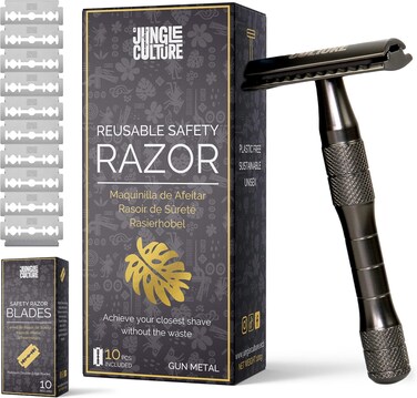 JUNGLE CULTURE Black Mens Safety Razor with 10 Double Edge Blades &bull; Single Blade Razors for Men &amp; Women &bull; Men&rsquo;s Safety Shaving Razors &bull; Reusable &amp; Plastic Free &bull; US/UK Company