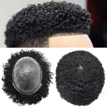 Afro Toupee for Black Men 6MM Full Poly African American Human Hair Replacement Systems Natural hair units black men Injected poly skin Curly mens Hairpieces Wigs (8"X10", #1B Off Black-6mm Afro