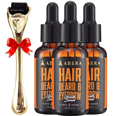 Abera Hair Growth Serum - Natural Regrowth Treatment for Hair &amp; Beard with Biotin &amp; Castor Oil, Economy Combo (3 Serums + Gift)