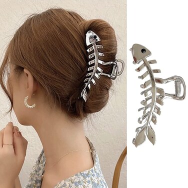 1Pcs Sliver Fish Bone Hair Clips Large Metal Fishbone Hair Claw Clips Fashion Geometry Hair Clamps Crabs for Women Thick and Thin Tortoise Strong Hold Hair Styling Hair Accessories