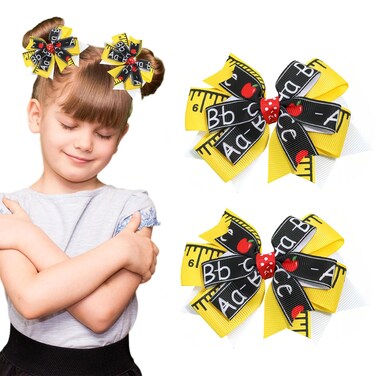 2Pcs School Bow Hair Clips for Girls Ruler Hair Accessories Shiny Yellow Black Bow Hairpins Litter Girls Alligator Hair Barrettes for Back to School Students Toddlers Kids Outfit