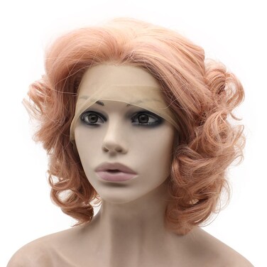 Mxangel Short Curly Synthetic Hair Lace Front Rose Pink Wig Heat Friendly Fiber Hair