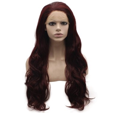 Mxangle Long Wavy Dark Red Half Hand Tied Synthetic Lace Front Wig Heat Resistant Fiber Hair Natural