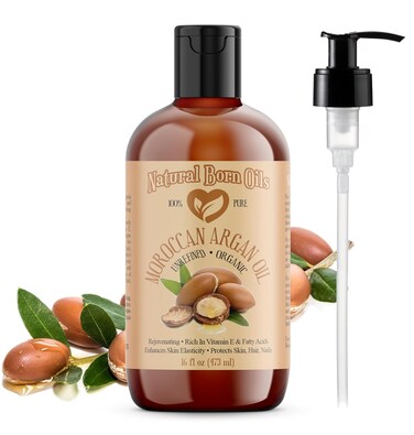 Natural Born Oils Moroccan Argan Oil, 16oz, Organic, Cold-Pressed, Vitamin E &amp; Antioxidants, Deep Skin Hydration, Hair Strengthener