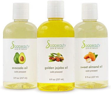 Sweet Almond Oil   Golden Jojoba Oil   Avocado Oil   Pack of 3   Cold Pressed   Carrier for Essential Oils, Moisturizer for Skin, Face &amp; Hair, Soap Making   8 fl oz Each
