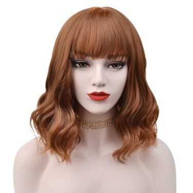 Colorful Mid-length Wigs Women Girls 14" Wavy Curly Wigs with Air Bangs Included Wig Cap (Brown)