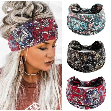 Boho Bandeau Headbands Wide Knot Hair Band Stretch Turban Head Wraps Fashion Hair Accessories for Women 3 Pcs (Exquisite)