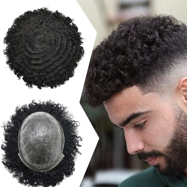 Afro Toupee For Black Men Hair Units PU Injection Black Men Toupees Brazilian Kinky Curly Hair Replacement Unit For African American Men Hairpieces 8X10 6MM Afro Wave #1 Jet Black