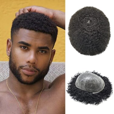 Afro Toupee For Black Men Hair Units PU Injection Black Men Toupees Brazilian Kinky Curly Hair Replacement Unit For African American Men Hairpieces 8X10 8MM Afro Wave #1B Off Black