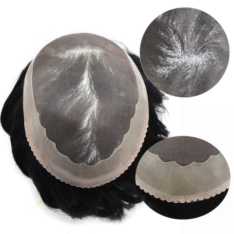 Mens Hairpieces Black Human Hair Fine Mono Toupee Durable Poly Skin Around Hair Systems Replacements Natural Monofilament Mens Wig (#1 Jet Black 110% density, 7X10)